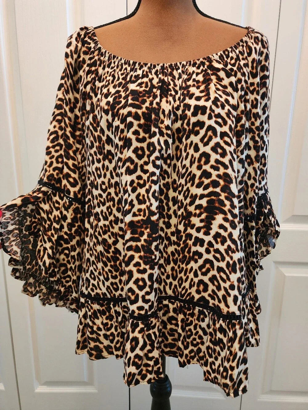 Fever Leopard-Print Flutter Split Bell Sleeves Mob Wife Ruffle Tunic